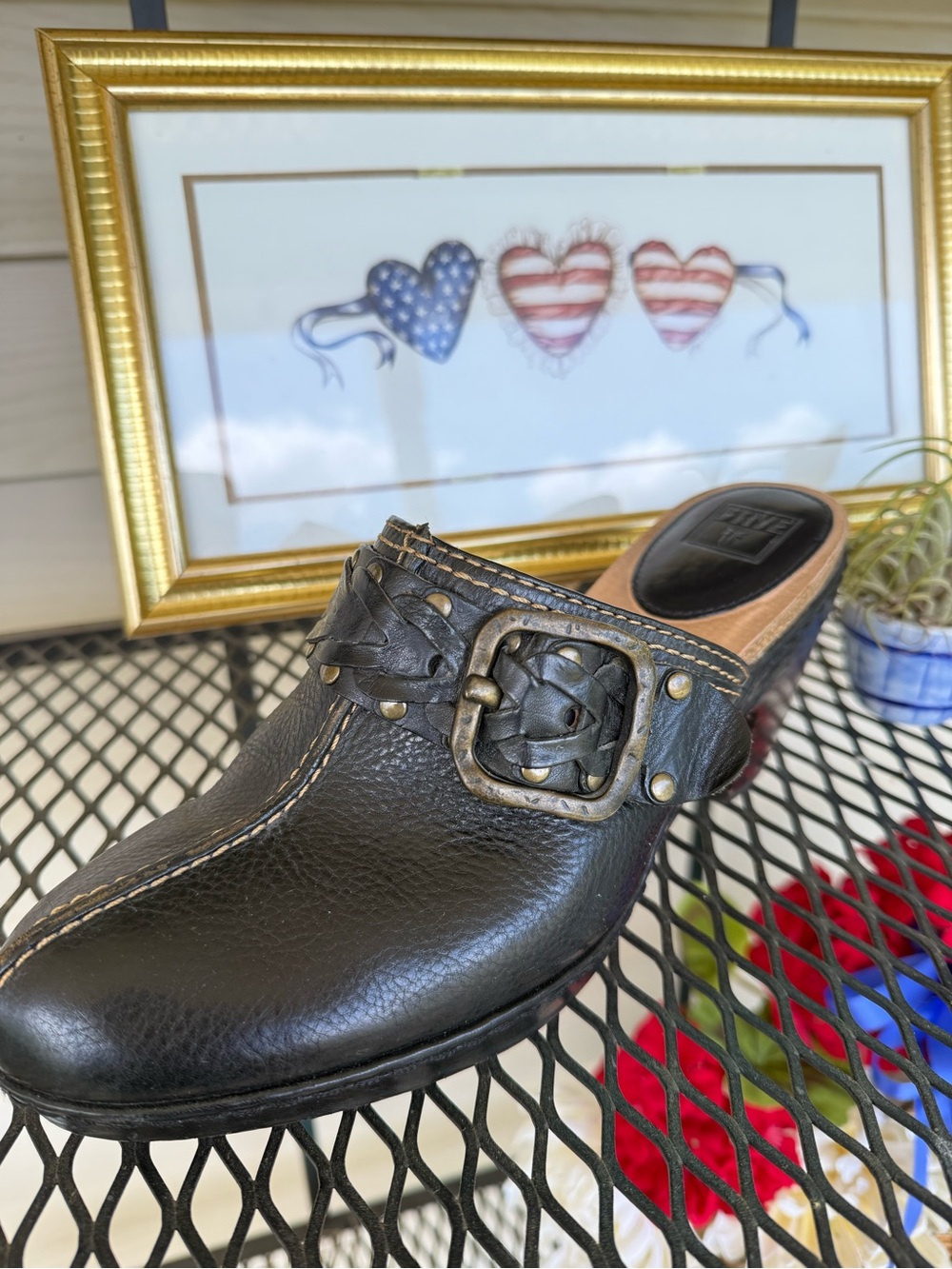 Black Leather Slip-On Clog with Decorative Buckle - women